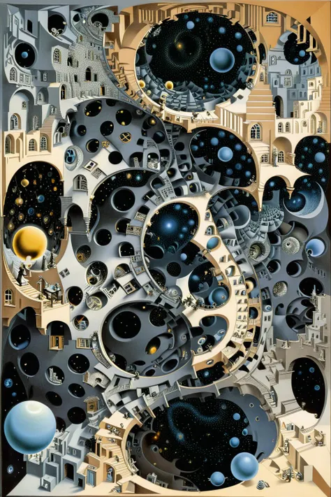 art by escher,<lora:Escher_Blend:1>,
Abstract painting,showing the concept of time in space,Einstein's theory of relativity,the singularity formed by black holes,wormholes,stardust,the embryonic form of the vast universe,a world where geometry occupies an absolute position,transparent crystals and refracted light disordered reflections,dark religious summoning arrays,3D,vector graphics,brilliant colors,(fractal art:1.3),<lora:xl_more_art-full_v1:1>,