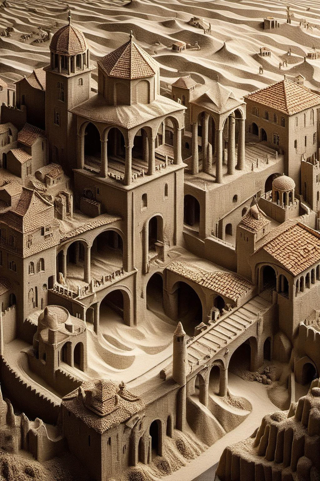 ral-sand,<lora:ral-sand:1>,
An enigmatic nod to Escher's work:1.2,this artwork blurs the boundaries between realism:1.1 and abstraction:1.1,transforming geometric shapes:1.1 into a surreal and paradoxical landscape:1.2,art by escher,<lora:Escher_Blend:0.75>,