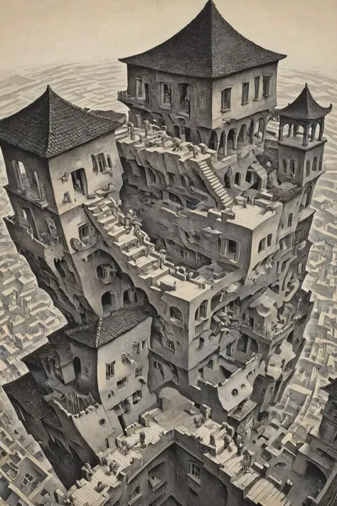 <lora:- SDXL - otclillsn_impossible_geo_V1.0:1>,otclillsn,<lora:Escher_SDXL:0.8>,ART BY ESCHER,
The art of visual dislocation creates an architectural structure that seems impossible to exist. In the center of the picture is a huge multi-story staircase system,connected from different angles,each part has its own gravity direction. The characters walk up and down this strange space,seemingly completely adapted to the physical laws of their respective planes,and the logical relationships between these planes cannot coexist in the real world. The whole picture is full of geometric precision and visual wonder,and at the same time bewildering and surprising,<lora:20231013-1697126984967:0.6>, shanhai,