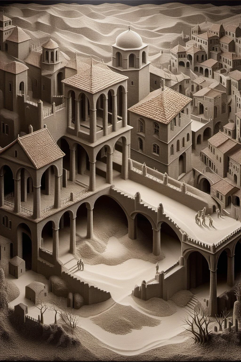 ral-sand,<lora:ral-sand:1>,
An enigmatic nod to Escher's work:1.2,this artwork blurs the boundaries between realism:1.1 and abstraction:1.1,transforming geometric shapes:1.1 into a surreal and paradoxical landscape:1.2,art by escher,<lora:Escher_Blend:0.75>,
