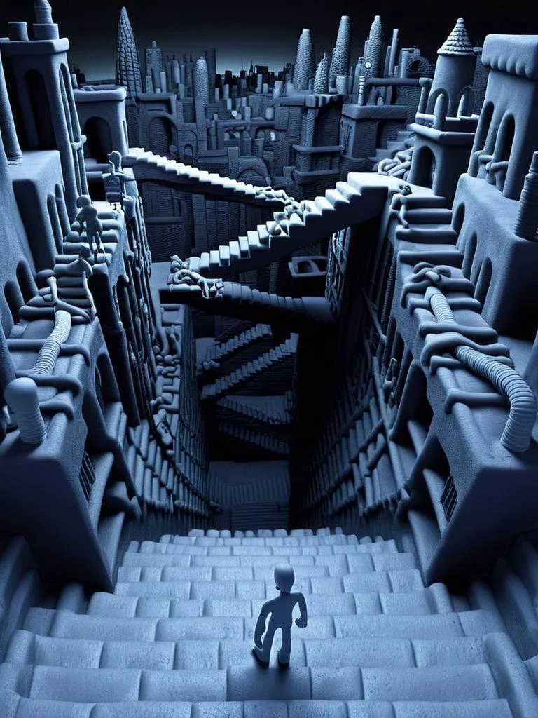<lora:DD-made-of-clay-XL-v2:0.9> 3d textured underground city environment made of clay, (black and white chroma:0.7), vast cityscape tunnels of stairs and pipelining, infinity architecture impossible geometry, surrealist stairways everywhere, staircase fractals, <lora:Escher_Blend:0.9> , claymation film still, photographic depth of field, caustics, realistic shadows, distant black silhouetted figure person standing in the distance, faded dark blue color hue shadows, cold lighting hue,
