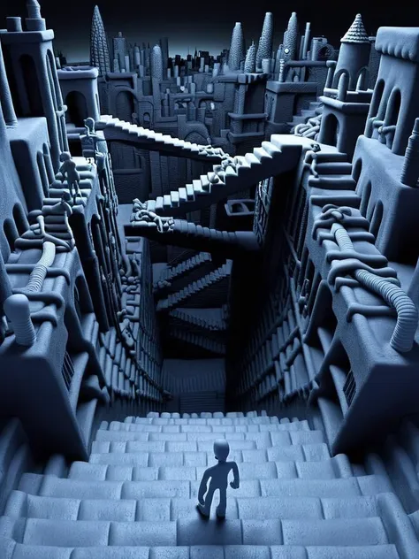 <lora:DD-made-of-clay-XL-v2:0.9> 3d textured underground city environment made of clay, (black and white chroma:0.7), vast cityscape tunnels of stairs and pipelining, infinity architecture impossible geometry, surrealist stairways everywhere, staircase fractals,  <lora:Escher_Blend:0.9> , claymation film still, photographic depth of field, caustics, realistic shadows, distant black silhouetted figure person standing in the distance, faded dark blue color hue shadows, cold lighting hue,