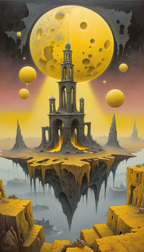 Acrylic Painting a vivid scifi illustration of landscape of a deserted planet with three moons of different sizes, ruins of a fantastic city in the style of the painter ZdzisBaw BeksiDski,
yellow ambient ral-lava, <lora:ral-lava-sdxl:0.3>, escher, <lora:Escher_Blend:1>
