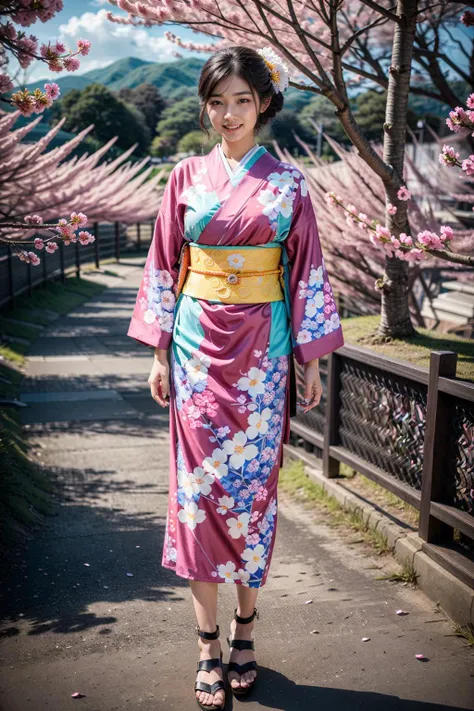 (realistic:1.3), finely detailed, quality, rembrandt lighting, (masterpiece:1.2), (photorealistic:1.2), (best quality), (detailed skin:1.3), (intricate details), dramatic, ray tracing, 1girl, japanese girl, 21 years old, detailed skin texture, (blush:0.5), (goosebumps:0.5), subsurface scattering, smiling, medium breasts, updo hair, bangs, hair between eyes, hair ornament, hair flower, (pink kimono:1.1), floral print, long sleeves, tabi, sandals, (full body:1.1), (bright sunny day, (cherry blossom trees, cherry blossom flowers:1.1), river, nature, kyoto, sky), <lora:Kimono_V20:0.8>