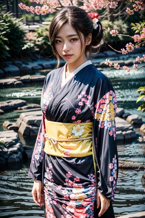 (realistic:1.3), finely detailed, quality, rembrandt lighting, (masterpiece:1.2), (photorealistic:1.2), (best quality), (detailed skin:1.3), (intricate details), dramatic, ray tracing, 1girl, japanese girl, 21 years old, detailed skin texture, (blush:0.5), (goosebumps:0.5), subsurface scattering, smiling, medium breasts, updo hair, bangs, hair between eyes, (hair ornament, hair flower:1.1), black kimono, floral print, long sleeves, full body, strolling, (bright sunny day, (cherry blossom trees, cherry blossom flowers:1.1), river, nature, kyoto, sky), <lora:Kimono_V20:0.8>