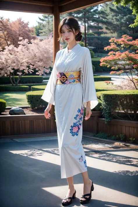(nsfw),<lora:Kimono_V20:0.8>, 1girl, (white kimono),(floral print), long sleeves, long hair, full body, sandals, standing, (cowboy shot),(masterpiece, high quality, best quality), (colorful),(delicate eyes and face), volumatic light, ray tracing, extremely detailed CG unity 8k wallpaper,solo, ((flying petal)), outdoors, house, japanese yard, pine tree, ((flowers)),