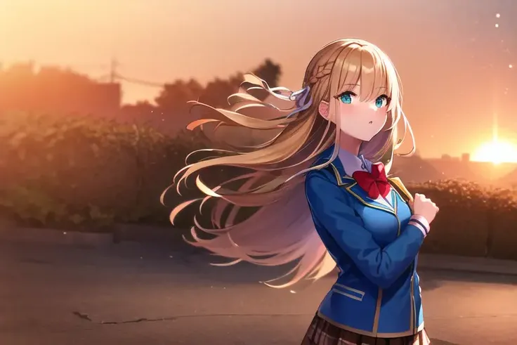tsukasa, red bowtie, braid, 1girl, blonde hair, white hair ribbon, masterpiece, best quality, 1girl, blue jacket, white shirt, school uniform, black striped pantyhose, plaid skirt, brown skirt, black pantyhose, pleated skirt, absurdres, sunset, playing, <lora:tsukasa:0.8>