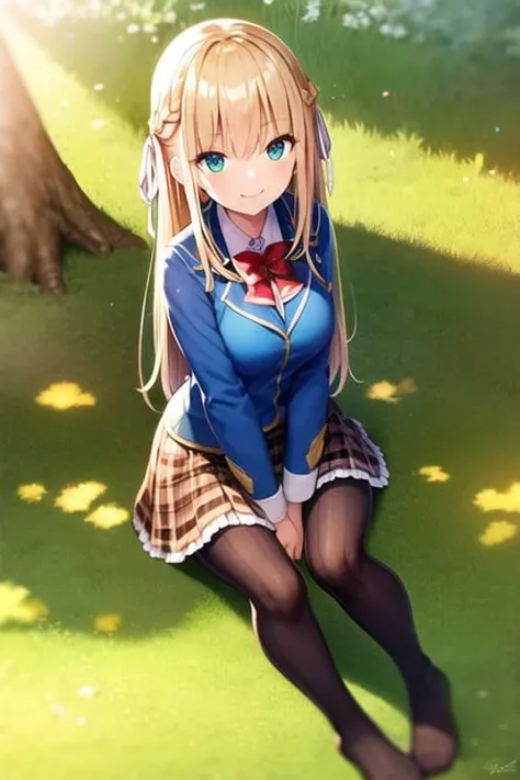 tsukasa, red bowtie, braid, 1girl, blonde hair, white hair ribbon, masterpiece, best quality, 1girl, blue jacket, white shirt, school uniform, plaid skirt, brown skirt, black pantyhose, pleated skirt, barefoot, bare legs, knees up, dress, sitting, looking at viewer, grass, smile, outdoors, on ground, full body, animal, sunlight, dappled sunlight, day, depth of field, <lora:tsukasa:0.8>