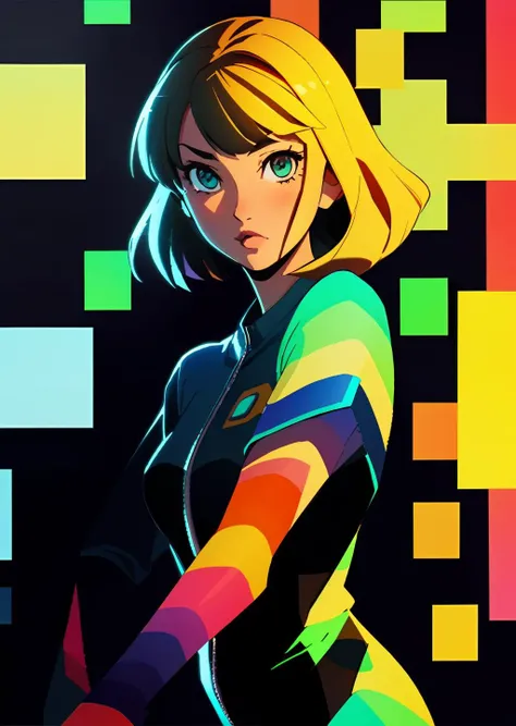 illustration, official art, 1girl, holographic dress by DmPttrn <lora:DmPttrnA:1> and Satoshi Kon , neon LED lights, holography