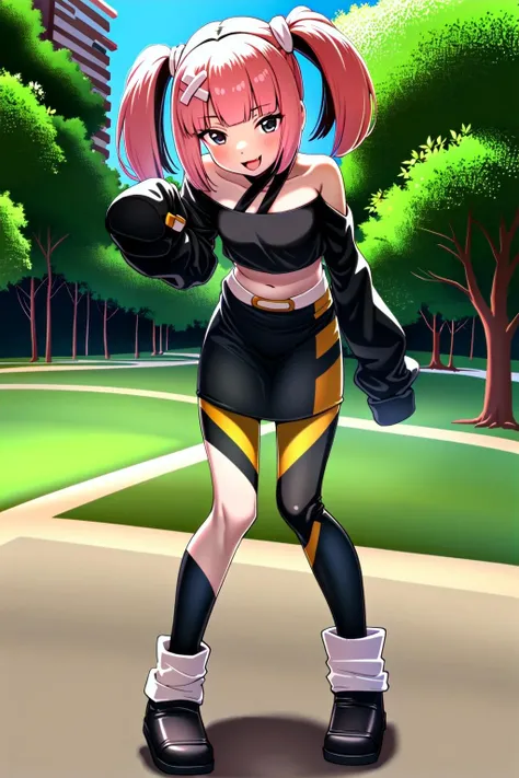 masterpiece, best quality, (1girl, solo),
sango, 1girl, solo, pink hair, skirt, black eyes, twintails, crop top, open mouth, multicolored hair, smile, black skirt, bangs, boots, looking at viewer, midriff, belt, long sleeves, full body, hair ornament, two-tone hair, :d, bandaid, black footwear, bare shoulders, blunt bangs, sleeves past wrists, black hair, :3, bandaid on leg, shirt,sitting
<lora:AniPokeSango:0.65>
blush,
((( outdoors, city,))),( cowboy shot , battle stance, dynamic pose, looking at viewer, open mouth )