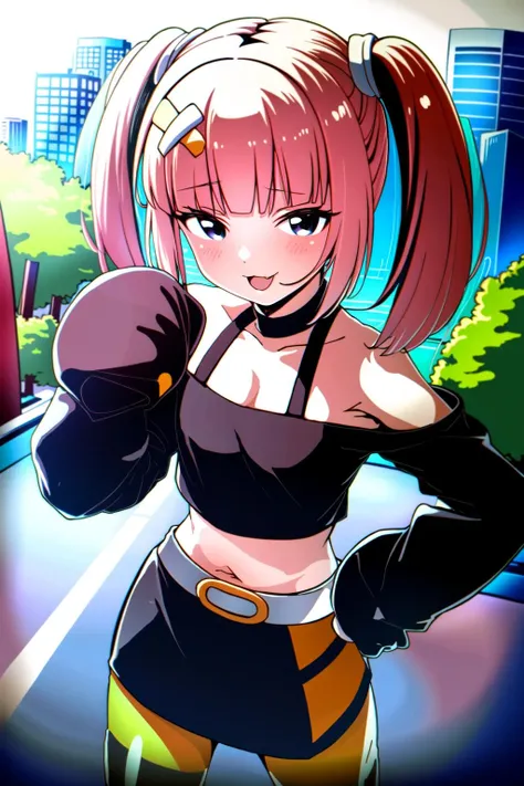 (masterpiece:1.5), best quality, (1girl, solo),
sango, pink hair, skirt, black eyes, twintails, crop top, open mouth, multicolored hair, smile, black skirt, bangs, boots, looking at viewer, midriff, belt, long sleeves,hair ornament, two-tone hair, :d, bandaid, black footwear, bare shoulders, blunt bangs, sleeves past wrists, black hair, :3, bandaid on leg, shirt, <lora:AniPokeSango:0.65> blush, ((( outdoors, city,))),( cowboy shot , battle stance, dynamic pose, looking at viewer, open mouth )
<lora:GoodHands-beta2:0.8>
 <lora:add_detail:0.45>