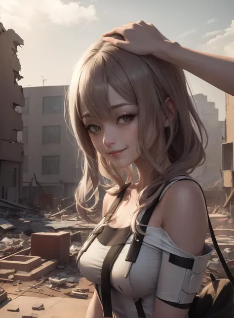 absurdres, (best quality), (masterpiece),(ultra-detailed:1.2),(highres),elaborate, highly detailed, 1girl, cowboy shot, solo,
cowboy shot, cinematic lighting, caustics,
<lora:scarlet-nikke-richy-v1:1.2> scarlet \(nikke\), post-apocalypse, cityscape, destroyed buildings, ,
upset,
candid modelshoot style, [(<lora:HeadpatPOV:1>, HeadpatPOV, smirk, ^_^ [::1]:1.1)::0.8],
<lora:GoodHands-vanilla:0.5>,