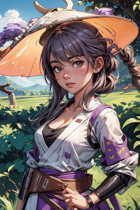 thick outlines, comics, photorealistic, 1girl, solo, small breasts, <lora:scarlet-nikke-richy-v1:0.8>, scarlet \(nikke\), hat, grey hair, brown eyes, cleavage, purple belt, japanese village, rice field, detailed background, detailed face, detailed eyes, <lora:add_detail:0.7>