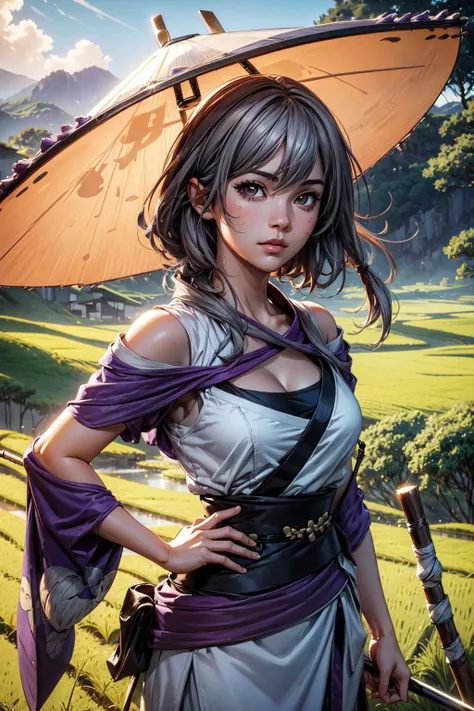 thick outlines, comics, photorealistic, 1girl, solo, small breasts, <lora:scarlet-nikke-richy-v1:0.8>, scarlet \(nikke\), hat, grey hair, brown eyes, cleavage, purple belt, japanese village, rice field, detailed background, detailed face, detailed eyes, <lora:add_detail:0.7>