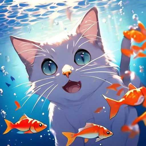 <lora:MG_mao:1>,, cat, MG mao, Exquisite visuals, high-definition, masterpieces, fish, whiskers, blue eyes, no humans, animal focus, open mouth, looking at viewer, white cat, underwater, bubble, solo, swimming, goldfish, submerged,
