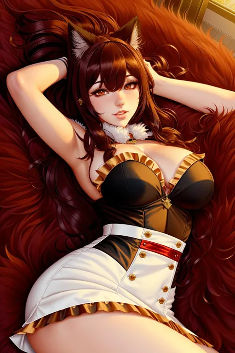 portrait of a woman in the style of <lora:Sciamano240-000008:0.7>, with black hair, cat ears, red eyes, in a white and red dress laying on a fluffy brown carpet