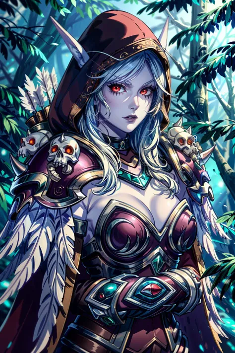 (masterpiece, best quality:1.3)
<lora:epi_noiseoffset2:1> <lora:add_detail:0.7> <lora:WowSylvanas:0.8>
1girl, solo, long hair, breasts, red eyes, cleavage, medium breasts, upper body, white hair, horns, hood, cape, armor, tree, glowing, pointy ears, colored skin, feathers, elf, shoulder armor, pale skin, glowing eyes, cloak, spikes, hood up, forest, pauldrons, skull, arrow \(projectile\), shoulder pads, undead