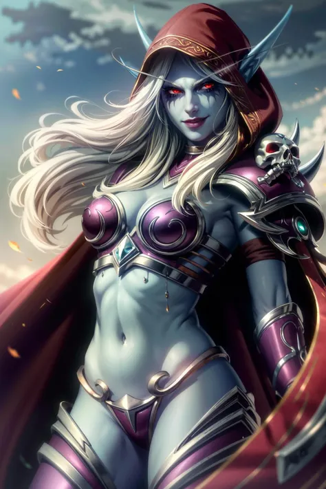 (masterpiece, best quality:1.3)
<lora:epi_noiseoffset2:1> <lora:add_detail:0.7>  <lora:WowSylvanas:0.8>
1girl, solo, long hair, breasts, looking at viewer, smile, blonde hair, red eyes, white hair, hood, cape, pointy ears, armor, glowing, colored skin, elf, shoulder armor, glowing eyes, cloak, spikes, pauldrons, skull, blue skin, undead