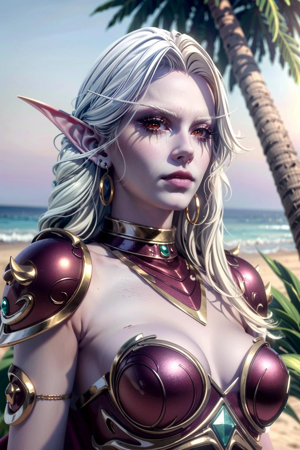 (masterpiece, best quality:1.3)
<lora:epi_noiseoffset2:1> <lora:add_detail:0.7>  <lora:WowSylvanas:0.8>
1girl, solo, long hair, red eyes, cleavage, white hair, pale skin, elf, at the beach, sexy minidress, palm trees, sundown highly detailed face, realistic face, beautiful detailed