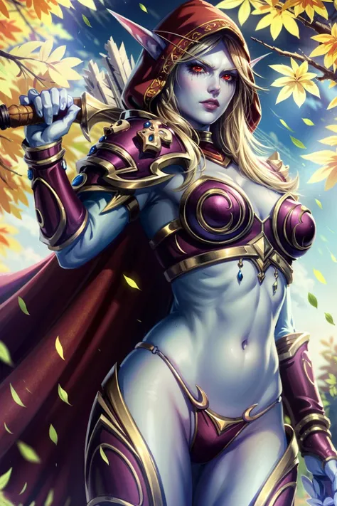 (masterpiece, best quality:1.3)
<lora:epi_noiseoffset2:1> <lora:add_detail:0.7>  <lora:WowSylvanas:0.8>
1girl, solo, long hair, breasts, looking at viewer, blonde hair, large breasts, red eyes, gloves, navel, holding, cleavage, weapon, outdoors, parted lips, midriff, pointy ears, hood, cape, armor, glowing, colored skin, leaf, knife, elf, shoulder armor, cloak, hood up, bow \(weapon\), lantern, blue skin, arrow \(projectile\), bikini armor, undead