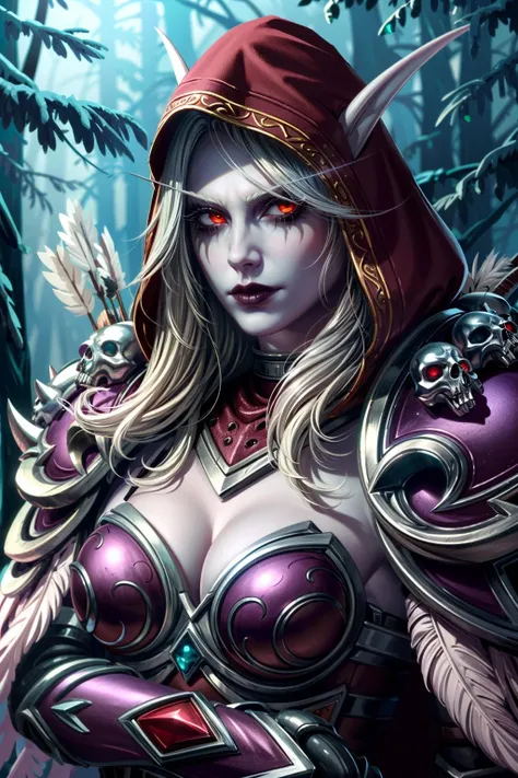 (masterpiece, best quality:1.3)
<lora:epi_noiseoffset2:1> <lora:add_detail:0.7> <lora:WowSylvanas:0.8>
1girl, solo, long hair, breasts, red eyes, cleavage, medium breasts, upper body, white hair, horns, hood, cape, armor, tree, glowing, pointy ears, colored skin, feathers, elf, shoulder armor, pale skin, glowing eyes, cloak, spikes, hood up, forest, pauldrons, skull, arrow \(projectile\), shoulder pads, undead