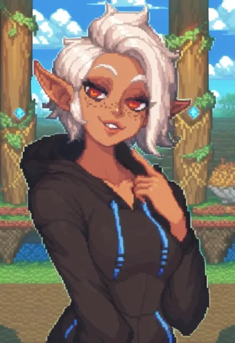 score_9, score_8_up, score_7_up, (evil warlock:1.4), pointed ears, casual clothing, hoodie, solo, dark skin, white hair, medium breasts, brown eyebrows, freckles, (big lips:0.6), makeup, castle garden, flirty face and body language, curvy, looking at viewer, <lora:AfrobullPDXLresize:0.8>, afrobullstyle , <lora:cone:0.8>,  c0ne, pixel art