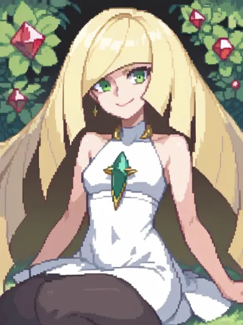 score_9, score_8_up, score_7_up, female_human, lusamine (pokemon), <lora:pokemon-lusamine-ponyxl-lora-nochekaiser:0.4>, (blonde hair, green eyes, hair over one eye, long hair, bare arms, dress, gem, leggings, sleeveless dress, white dress:1), evil smile, <lora:c0ne:1> c0ne, pixel art