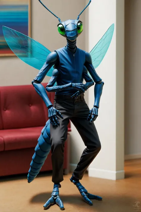 male, dragonfly, anthro, insect, arthropod, 2 antennae, 2 toes, (4 arms), (4 wings), antennae anatomy, arthropod abdomen, green eyes, clothed, shirt, pants, bottomwear, exoskeleton, feet, fingers, (insect wings), multi arm, multi limb, solo, blue body, black body, multi wing, standing, living room, toes, wings, digitigrade, <lora:anthro_bugs-v2-000003:0.8>, realism, <lora:Furtastic_Detailer:0.5>, tail