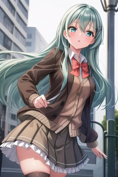 masterpiece, best quality,ultra detail, <lora:anmnr01:0.3> <lora:add_detail:0.5>,<lora:GoodHands-vanilla:0.8>,outdoor,1girl,upper body
<lora:suzuya:0.7>,suzuyakainikc, aqua hair, aqua eyes,1girl, solo,green hair, long hair,skirt, hair ornament, bow, school uniform, jacket,pleated skirt, hairclip,cardigan, brown skirt, brown jacket, brown thighhighs,frilled skirt,