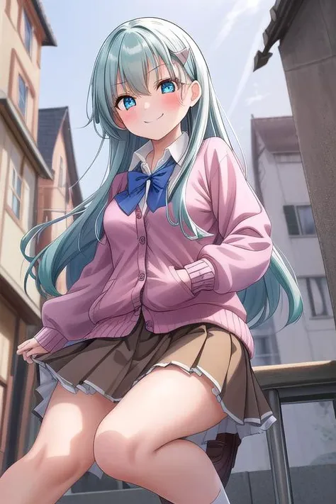 masterpiece, best quality,ultra detail, <lora:anmnr01:0.3>  <lora:add_detail:0.5>,<lora:GoodHands-vanilla:0.8>,petite,from below
  <lora:suzuya:0.7>, suzuyajkkc,long hair, skirt, shirt, hair ornament, long sleeves, white shirt, pleated skirt, hairclip, collared shirt, (blue)bowtie, aqua eyes, cardigan, brown skirt, pink cardigan,town road ,evil smile,blush,strong wind,crouching