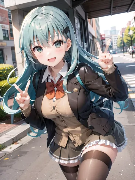 in park, a girl, upper body, suzuyakainikc, aqua hair, aqua eyes,1girl, solo,green hair, long hair,skirt, hair ornament, bow, school uniform, jacket,pleated skirt, hairclip,cardigan, brown skirt, brown jacket, brown thighhighs,frilled skirt, smile, joy, peace sign
<lora:suzuya-03:0.7> <lora:020arteA5-5:1>