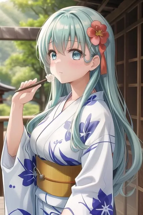masterpiece, best quality,ultra detail, <lora:anmnr01:0.3> <lora:add_detail:0.5>,<lora:GoodHands-vanilla:0.8>,outdoor,upper body
<lora:suzuya:0.7>, suzuyayukatakc, aqua hair, aqua eyes, long hair, hair ornament, hair flower, wide sleeves, sash, obi, floral print,white yukata, <lora:omatsuri_V4_1.0_OUTD_Resize_DIM8:0.7>,omatsuri