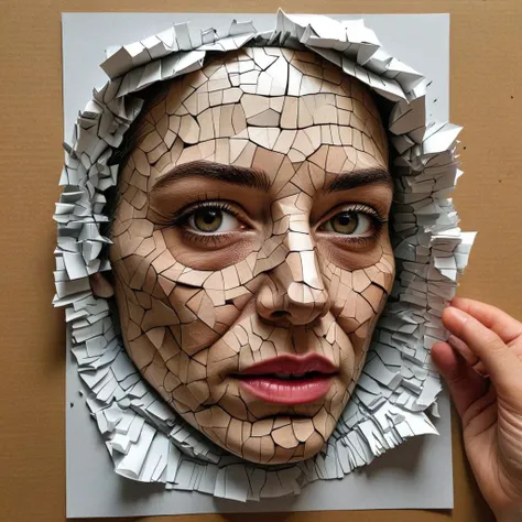 3d art illusion face come out of 2d artwork cracked paperwork

