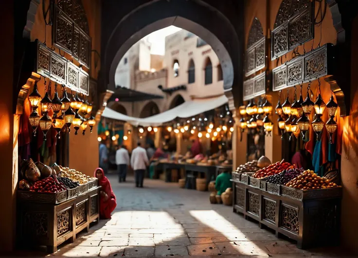 real photo, photorealistic, dark photo of a maroccan bazaar, sharp focus, high contrast, bokeh, intricate light and shadow play, (full body shot:1.8),