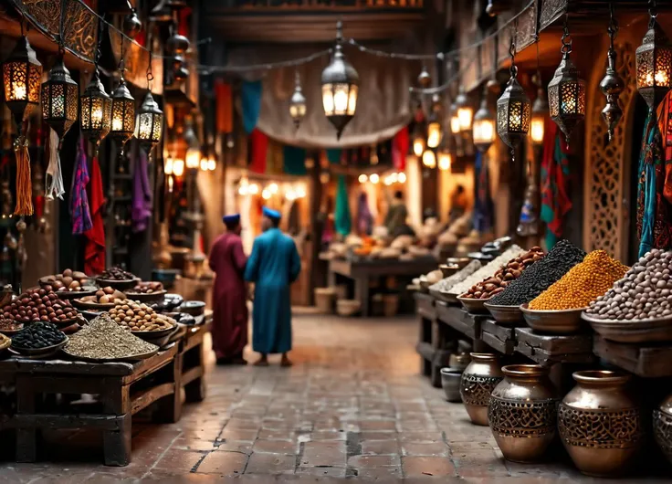 real photo, photorealistic, dark photo of a maroccan bazaar, sharp focus, high contrast, bokeh, insane realistic skin texture with pores, (full body shot:1.8),