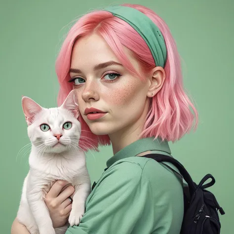 An illustration of a quirky girl with pink hair, in the style of Flat shading, Gemma Correll, with freckles and a cat on her shoulder, photo-manipulated, cyberpunk genre, pastel green