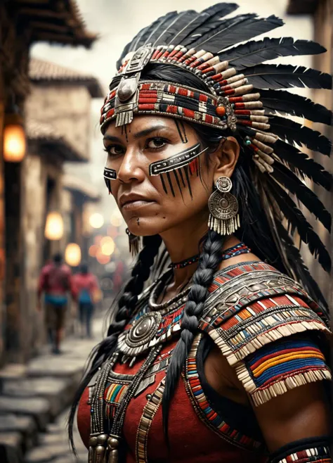 real photo, photorealistic, dark photo of a traditional inca female warrior, 60yo, intricate hair detailes, in a city, sharp focus, high contrast, bokeh, insane realistic skin texture with pores, ((full body shot, full body portrait, full body view, focus on full body)),