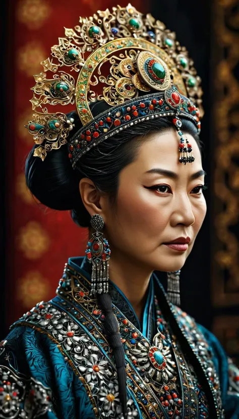 real photo, photorealistic, dark photo of the Empress of all Mongols, 60yo, intricate hair detailes, sharp focus, high contrast, bokeh, insane realistic skin texture with pores, ((full body shot, full body portrait, full body view, focus on full body)),