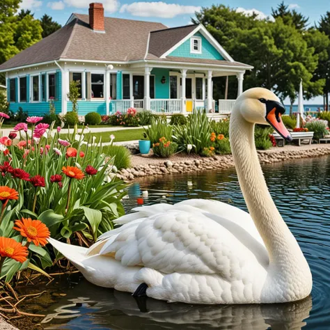 white swan, vintage, bright colors, lake, beach house in the background, centered, detailed