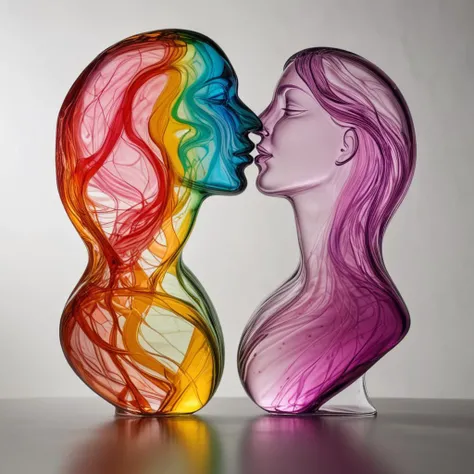 kissing man and woman made of transparent multi-colored glass form a silhouette of the heart