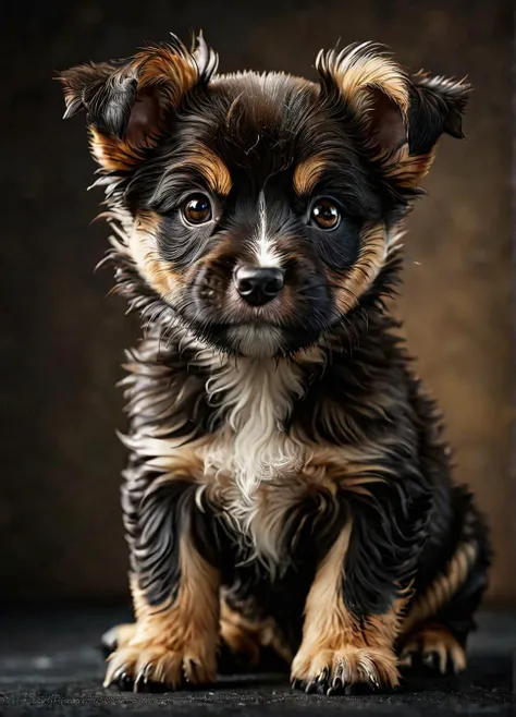 real photo, photorealistic, dark photo of a cute sweet lovely puppy, intricate hair detailes, insane realistic skin texture with pores, sharp focus, high contrast, bokeh, ((full body shot, full body portrait, full body view, focus on full body)),