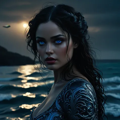 Dark fantasy movie still, HD, close Portrait, Masterpiece, cinematic, sharp lines, contrasting colors, detailed and intricate environment, night, serious themes, Beautiful curvy siren emerging from the sea, dark hair, blue eyes, rear view