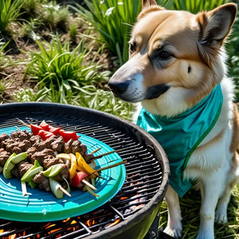 score_9_photography, score_8_detail, score_7_sfw, Space_In_Shell, psychodelic, dog (grilling kebab:1.35), dirty shirt, thick fur, (nature:1.55), light green and teal colors