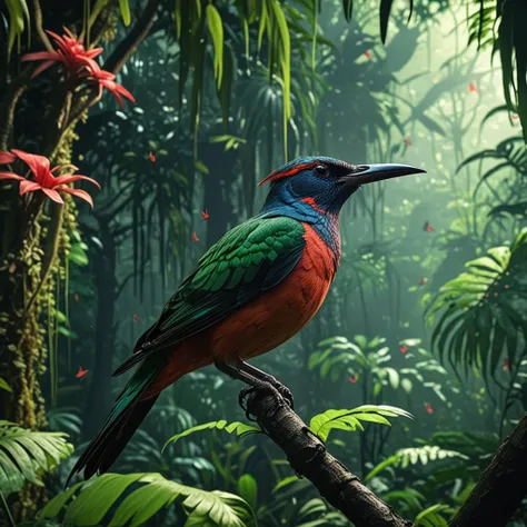 Hirundinidae bird on dystopian tropical jungle, cinematic lighting