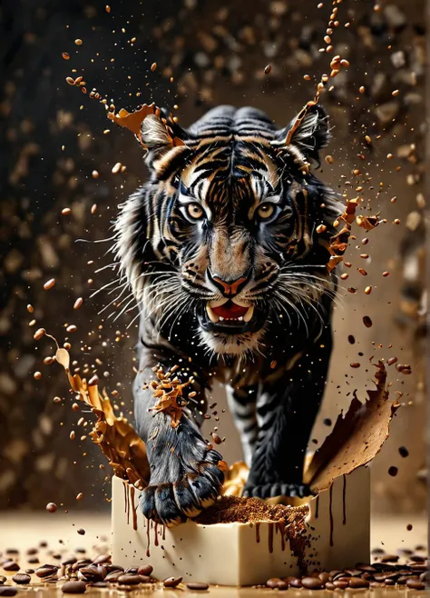 real photo, photorealistic, close-up photo of a beautiful black tiger rising vertically breaking through a cube made of coffee, splintered cracked surface, milk dripping from tiger, melting coffee, sharp focus, bokeh,