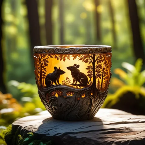 Photo of artistic stone cup with 3D carvings, little mause theme with forest background, decorated with amber accents, masterpiece of art, visually stunning, intricate details, sharp focus, 55mm f/ 1.8 lens, depth of field, natural daylight