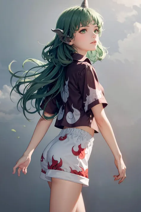 masterpiece, best quality,  <lora:KomanoAunn:1>,1girl,single horn,long hair,green hair,curly hair,green eyes,red shirt,collared shirt, ,short sleeves,shorts,cloud print,buttons,grey background, cowboy shot,