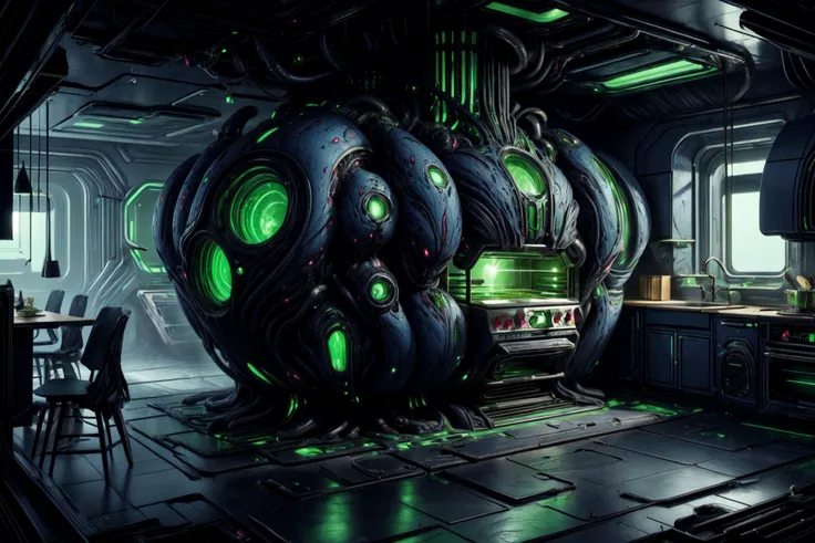 masterpiece, best quality, absuredres, <lora:NeoFalmerWorld1.0:1> neofalmerworld, scifi, kitchenroom with oven and cupboards, chitin, green glow, rough jagged texture, <lora:add_detail:0.4>