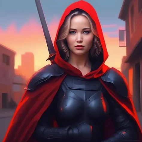 JenniferLawrence,<lora:JenniferLawrenceSDXL:1>,portrait,female, beautiful body shapely face wearing full black armour and a red cloak holding her sword up to the camera in an alleyway during sunset at night with neon light from above by Greg Rutkowski.Fantasy art of A professional character concept design on ArtStation;8K The most-detailed oil painting ever painted bust made!!"by Ross Tran!!!!!art!!!highly realistic! Starry GTA style shading..digital matte background no blur!!!! very detailed 8k resolution hd quality super wide shot line work fine portrait artistically designed dramatic cinematic lighting delicate details intricate ultra realism masterpiece image chromatic aber