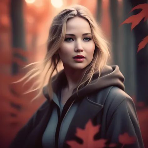 JenniferLawrence,<lora:JenniferLawrenceSDXL:1>, art by WLOP, photograph, Medieval art, thick Girl surrounded by Maple trees, at Sunrise, ultrafine detailed, Motion blur, film grain, Sony A9 II, L USM, Crimson and copper neon hue